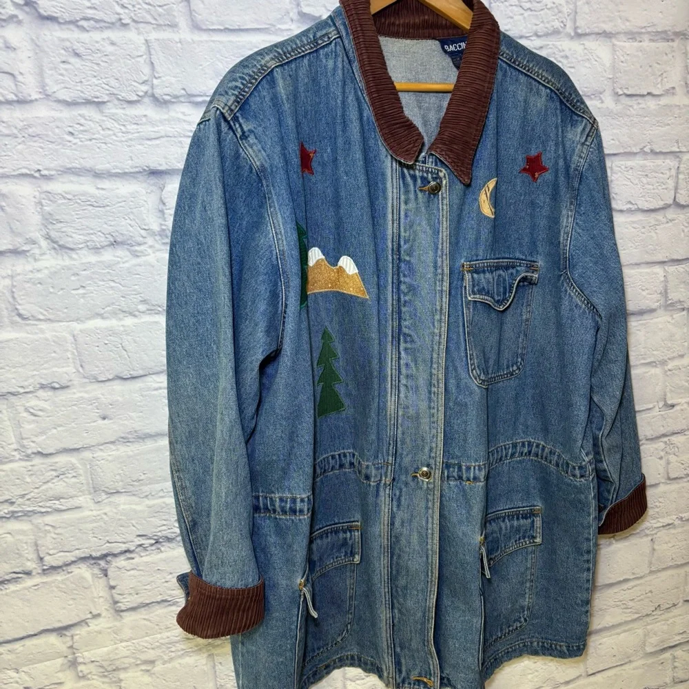 Baccini Womens Denim Jacket 2XL Embroidered Birdhouses Vintage Barn Jacket Moon - Picture 10 of 15